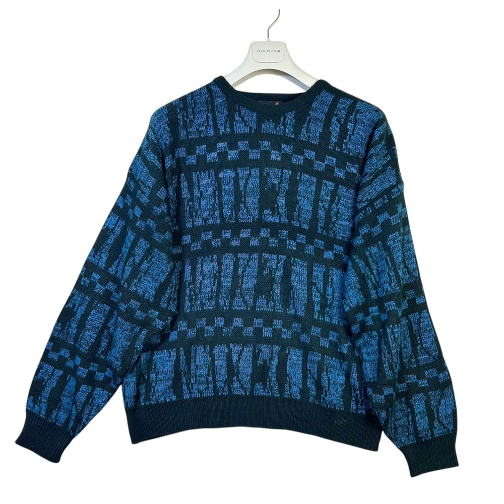 Vintage 80s 90s Sasson Sweater XL Black Blue Geometric Knit‎ OG Hip Hop Retro